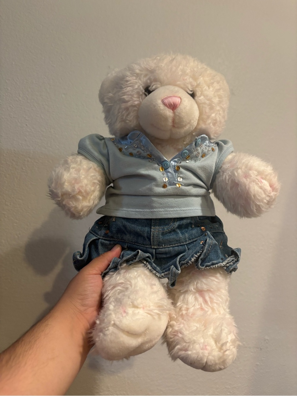 Build-A-Bear Cream Plush Bear with Light Blue Top and Denim Skirt Vintage 1997